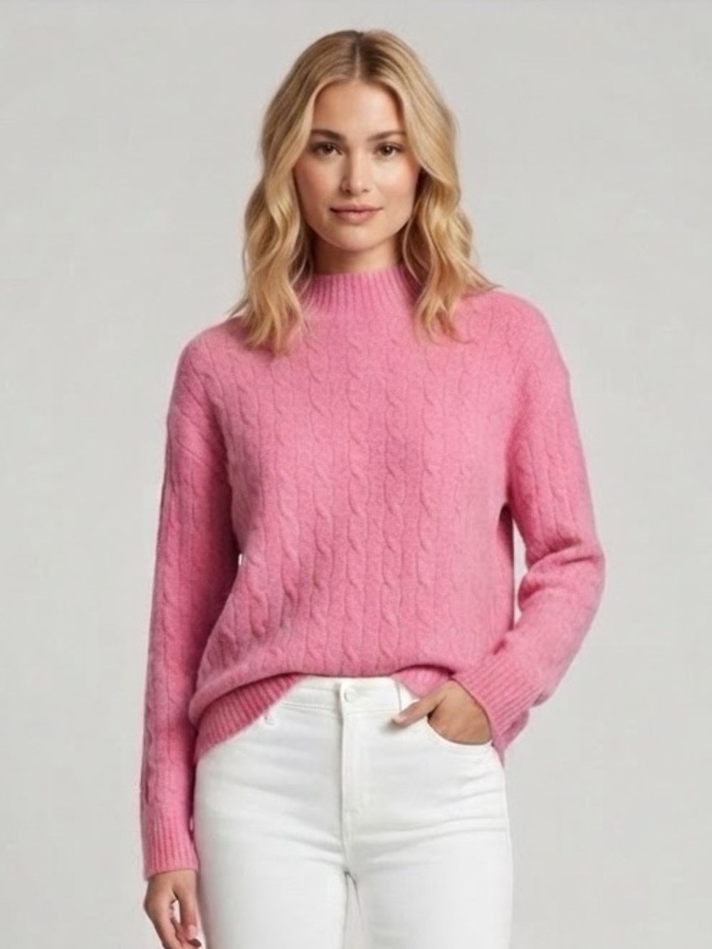 J. Crew Extra Soft Pink Cable Mock Neck Sweater